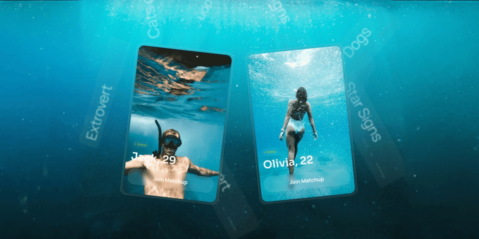 "Underwater themed promotional graphic for RizzyNC featuring two user profiles, Jack and Olivia, with interactive questions like 'Extrovert' and 'Dogs' to match interests."