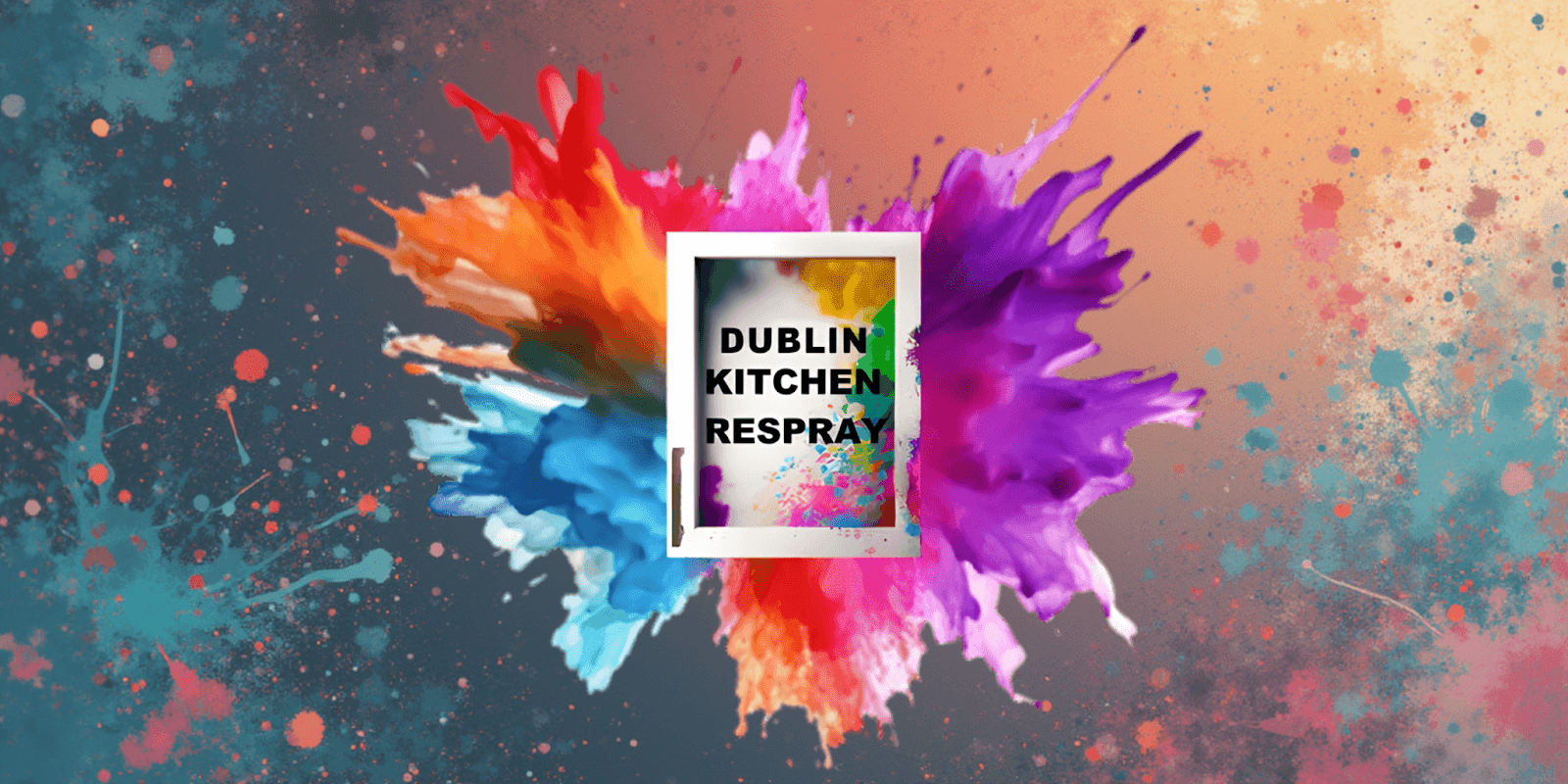 Colorful splashes surrounding the text 'Dublin Kitchen Respray' promoting affordable kitchen transformations with expert resurfacing services.