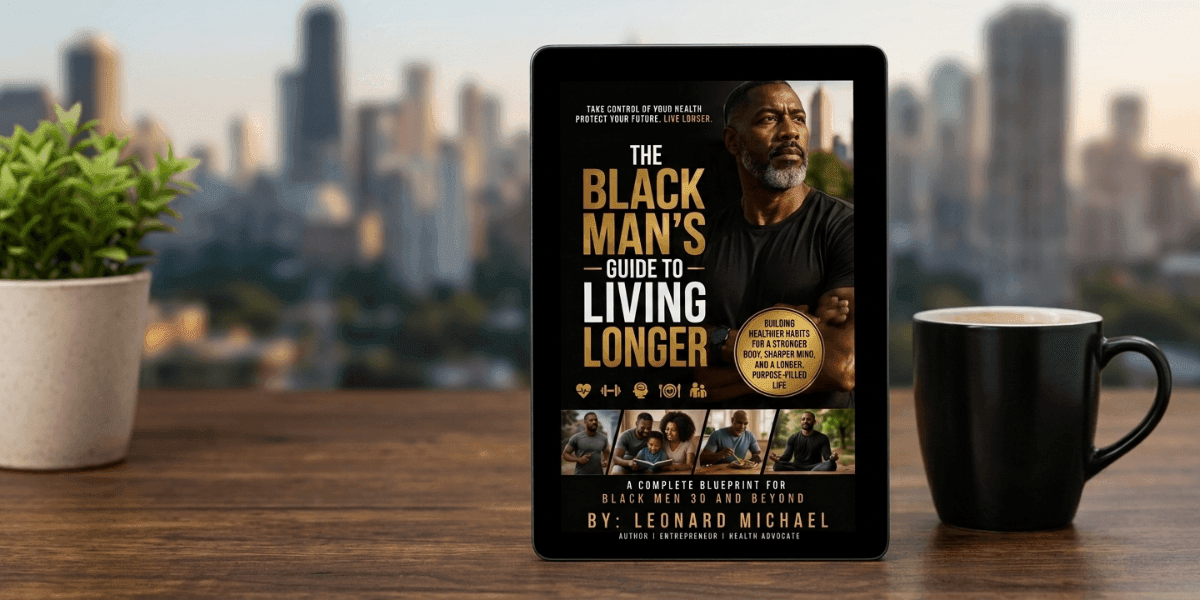 Tablet displaying The Black Man's Guide to Living Longer book cover on a desk with city skyline, plant, and coffee mug.