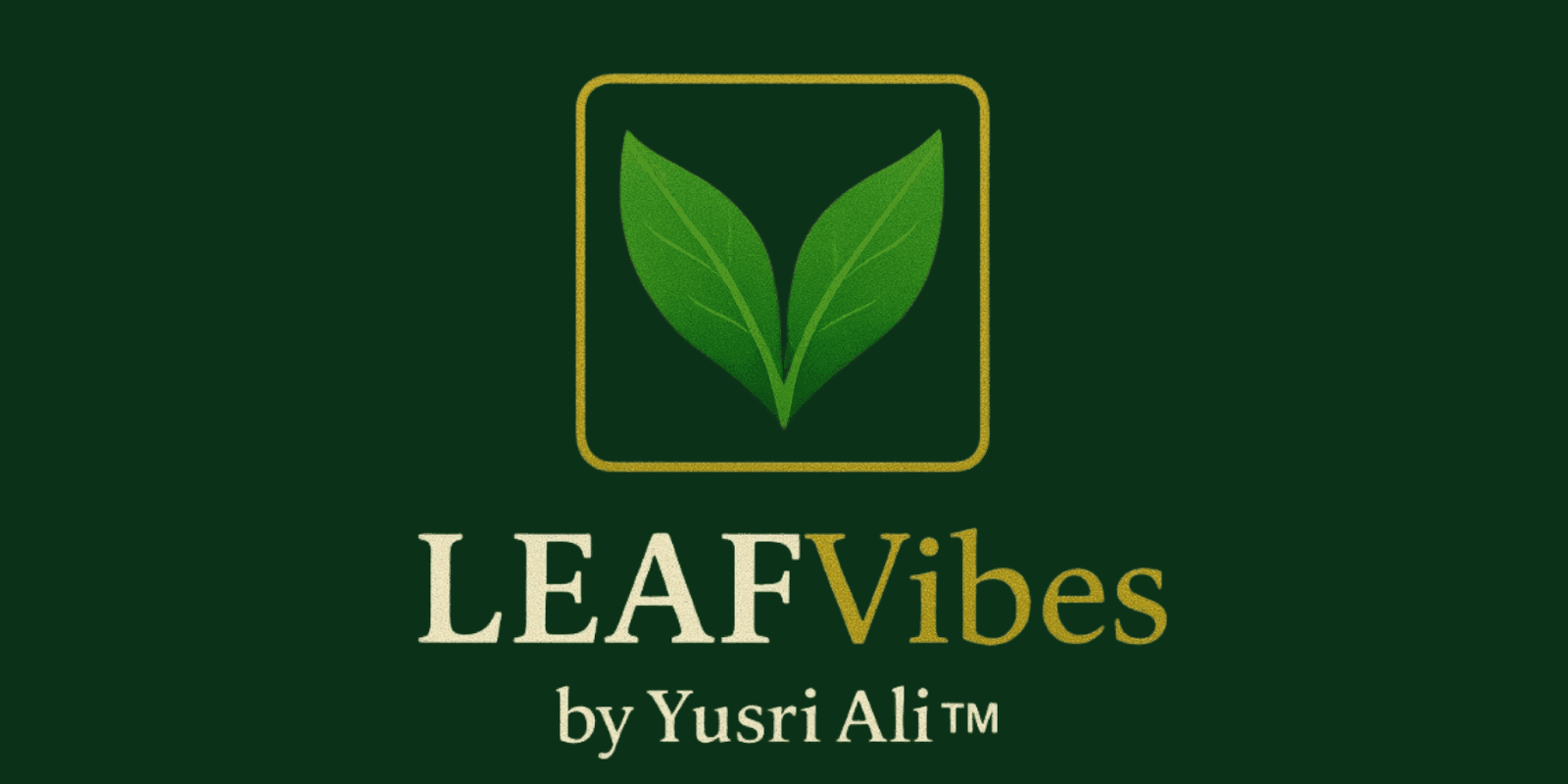 The LEAFVibes logo featuring a stylized leaf design with the tagline "by Yusri Ali" on a dark green background, conveying a natural and health-focused brand identity.
