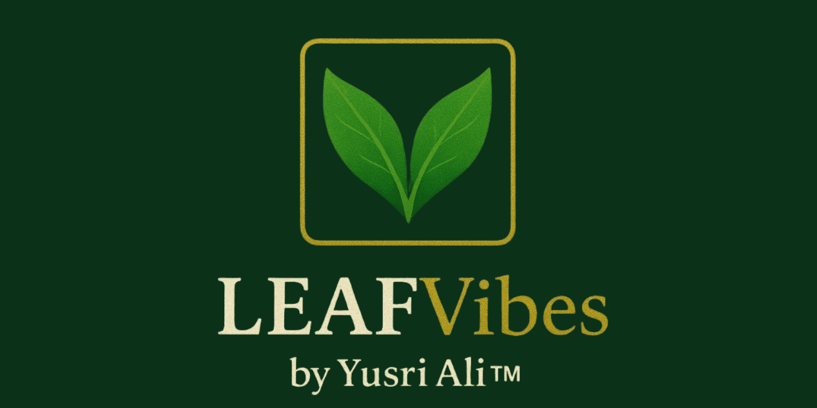 The LEAFVibes logo featuring a stylized leaf design with the tagline "by Yusri Ali" on a dark green background, conveying a natural and health-focused brand identity.