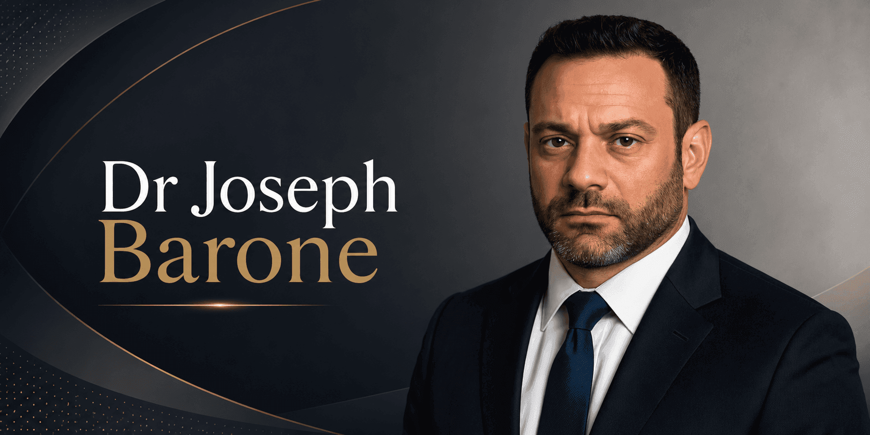 Professional portrait graphic featuring Dr. Joseph Barone in a suit with elegant blue and gold branding design.