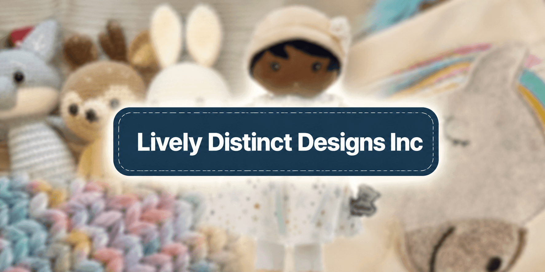 Custom nursery décor display featuring personalized crib bedding, plush toys, baby blanket, and Lively Distinct Designs Inc. branding.
