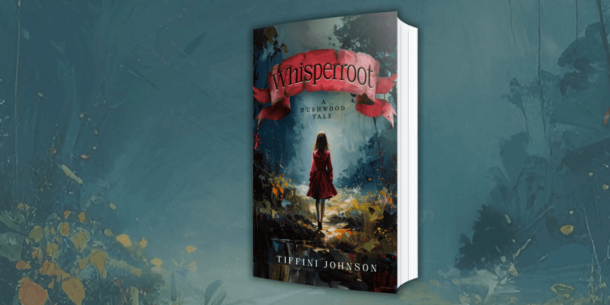 The cover of Whisperroot by Tiffini Johnson features a girl in a red coat, symbolizing trauma and resilience.