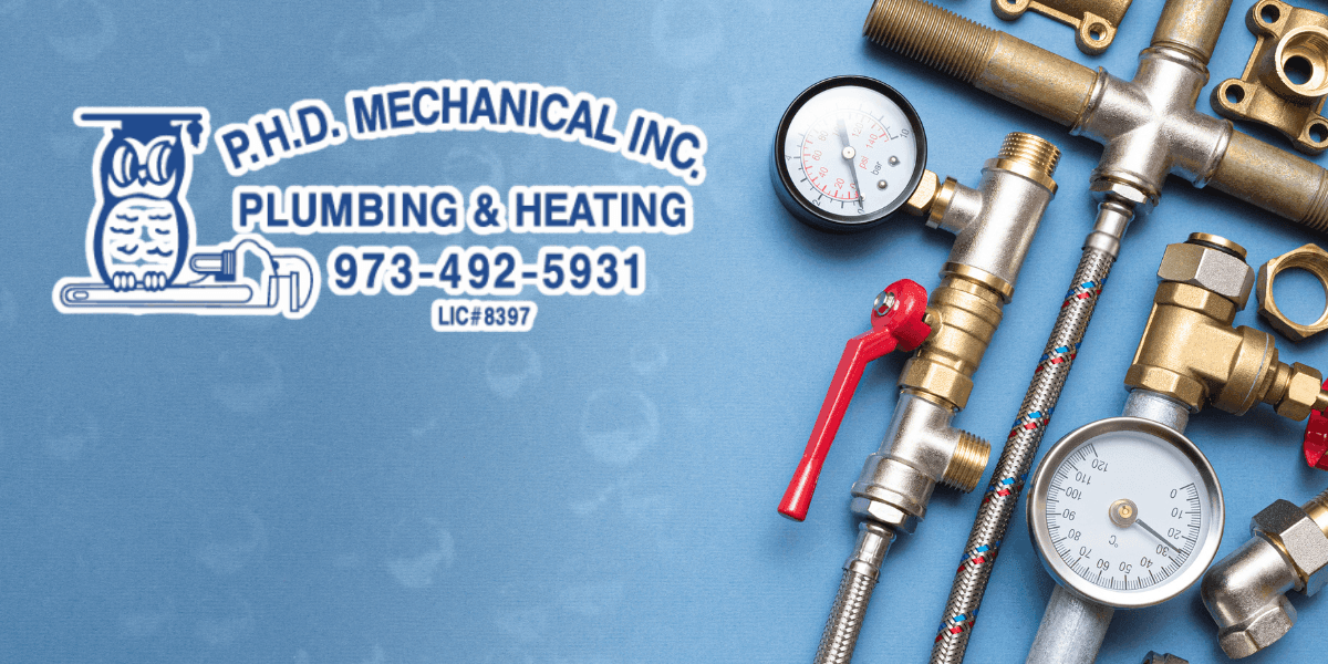 PHD Mechanical Inc. logo with plumbing fittings, gauges, and heating components on a blue background.