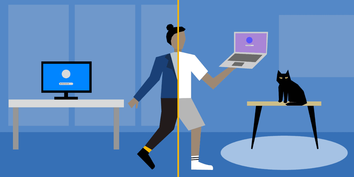 "Illustration showing the contrast between remote and office work environments, highlighting the shift to flexible working models."