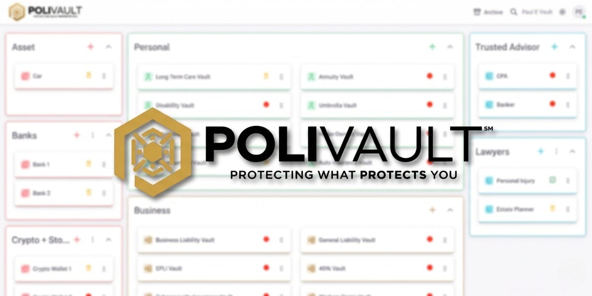 POLIVAULT logo displayed over secure digital dashboard organizing documents, assets, and trusted contacts.