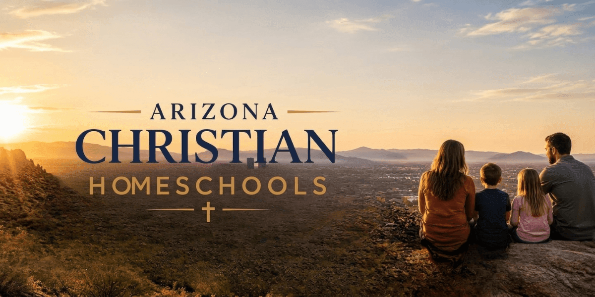 Family overlooking an Arizona landscape with Arizona Christian Homeschools branding.