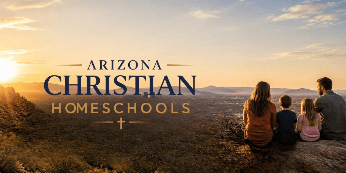 Family overlooking an Arizona landscape with Arizona Christian Homeschools branding.
