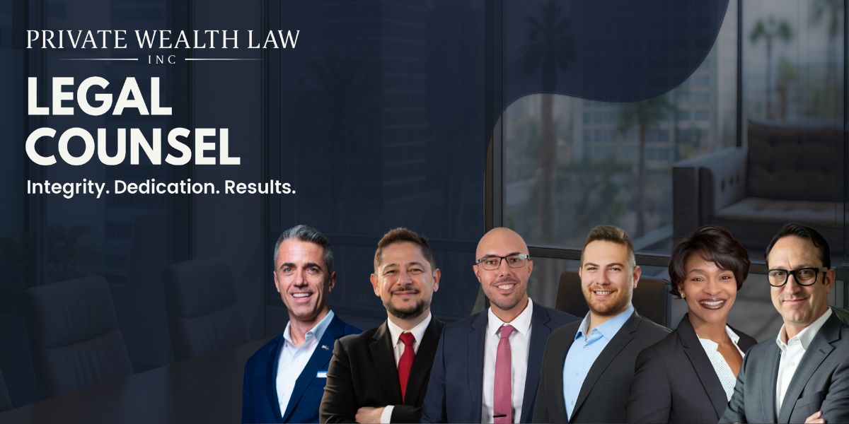 Group photo of the legal team from Private Wealth Law Inc. standing together in professional attire, with the company logo and slogan 'Legal Counsel: Integrity, Dedication, Results' displayed in the background. The team is smiling and ready to offer legal counsel.
