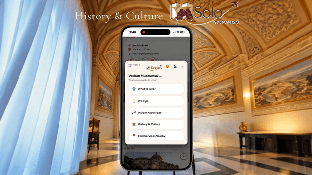 A phone displaying a travel app for Vatican Museums with options for tips and history