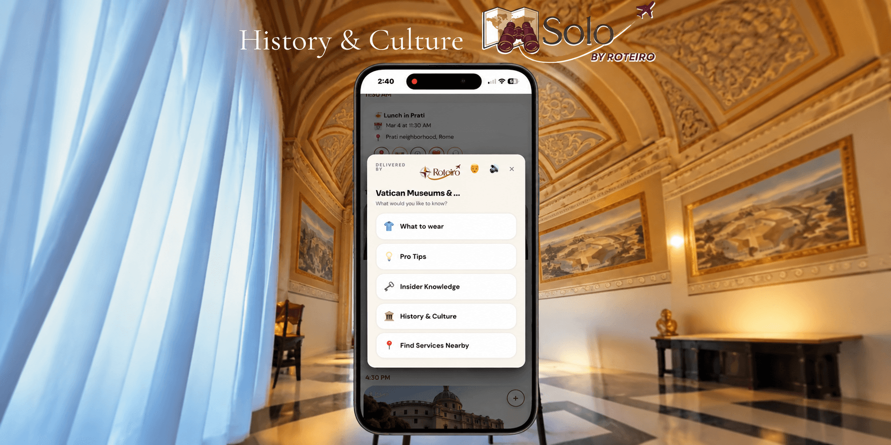 A phone displaying a travel app for Vatican Museums with options for tips and history
