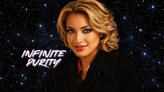 A woman with blonde hair and smoky makeup against a starry background with text.
