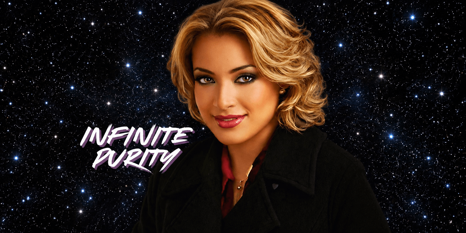A woman with blonde hair and smoky makeup against a starry background with text.