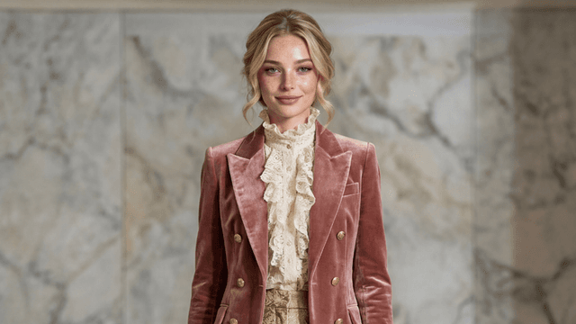 Woman in a pink velvet blazer with ruffled blouse, posed against a marble background