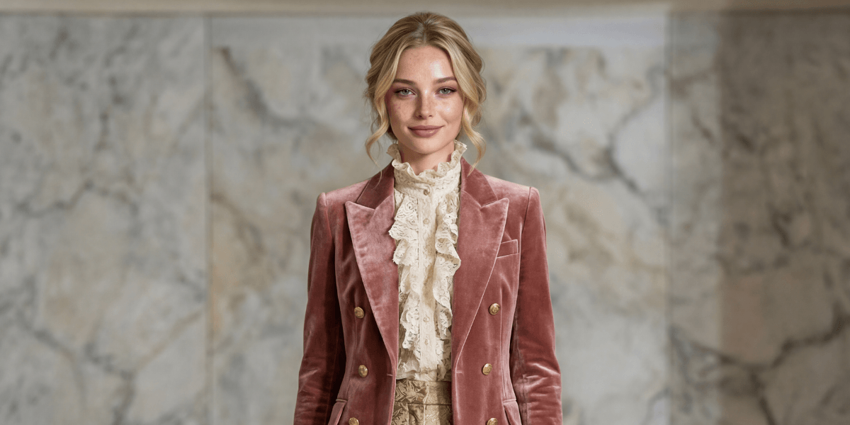 Woman in a pink velvet blazer with ruffled blouse, posed against a marble background