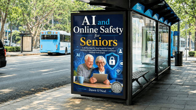 Bus stop advertisement for a book on AI and online safety for seniors