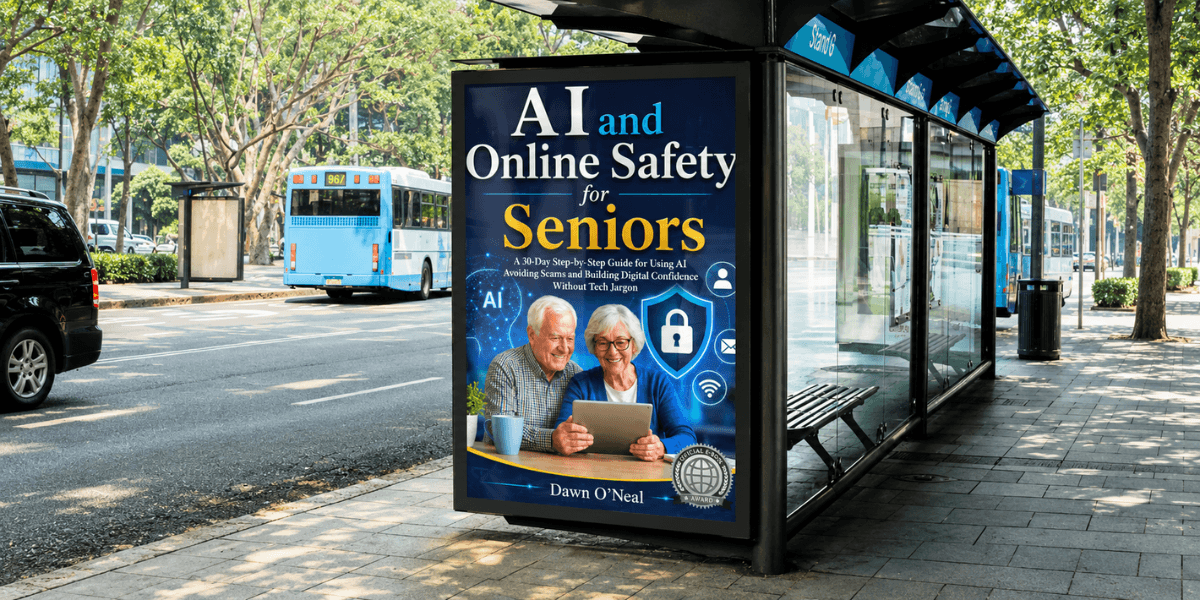 Bus stop advertisement for a book on AI and online safety for seniors