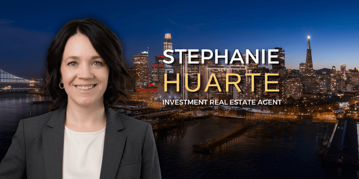 Professional woman in a blazer with a skyline background, promoting real estate services