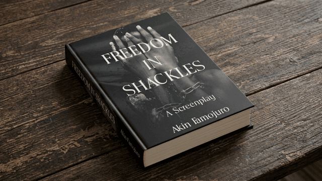Open screenplay titled "Freedom in Shackles" by Akin Iamojuro on a wooden surface