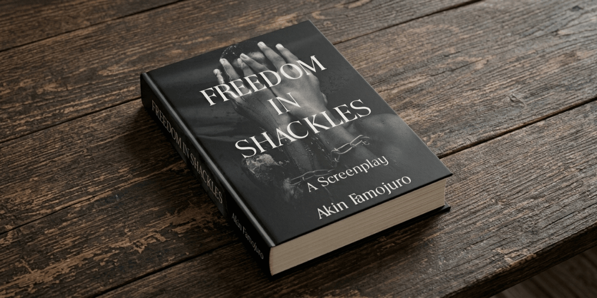 Open screenplay titled "Freedom in Shackles" by Akin Iamojuro on a wooden surface