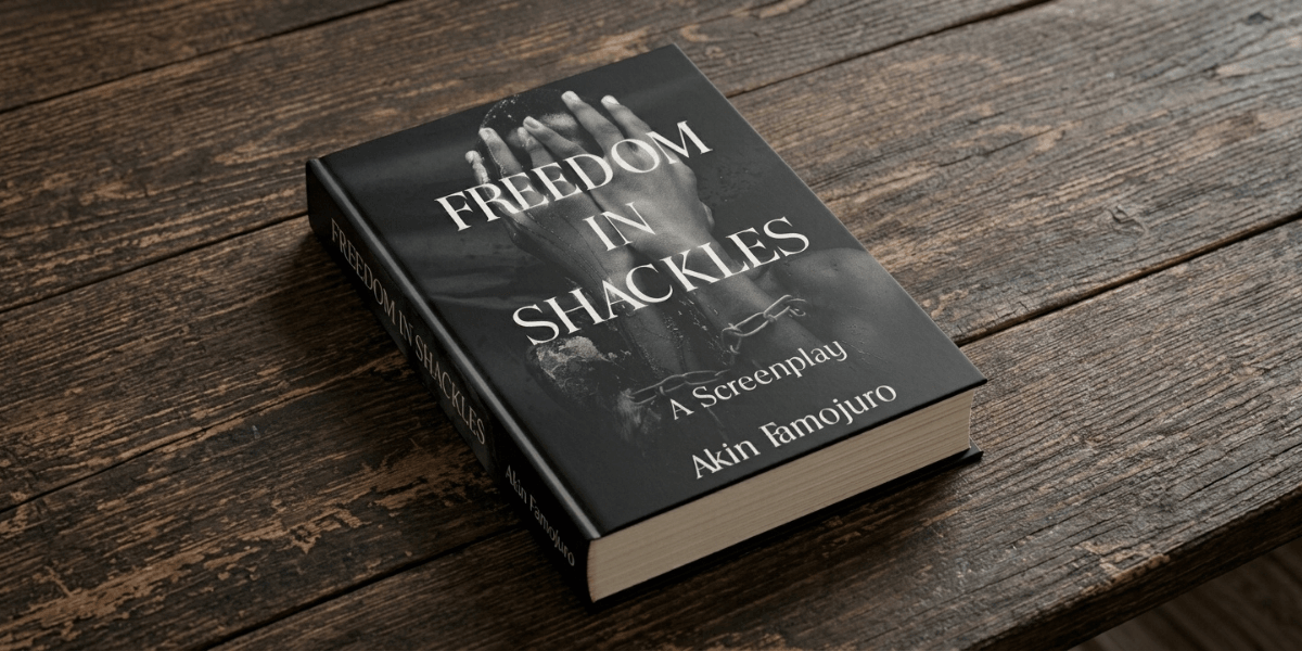 Open screenplay titled "Freedom in Shackles" by Akin Iamojuro on a wooden surface