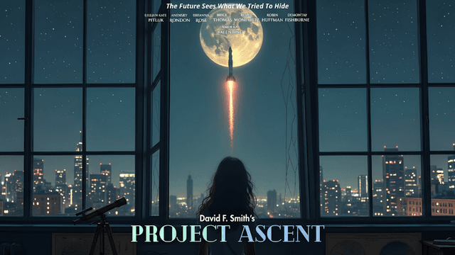 A person gazes out a large window at a rocket launching beneath a full moon.