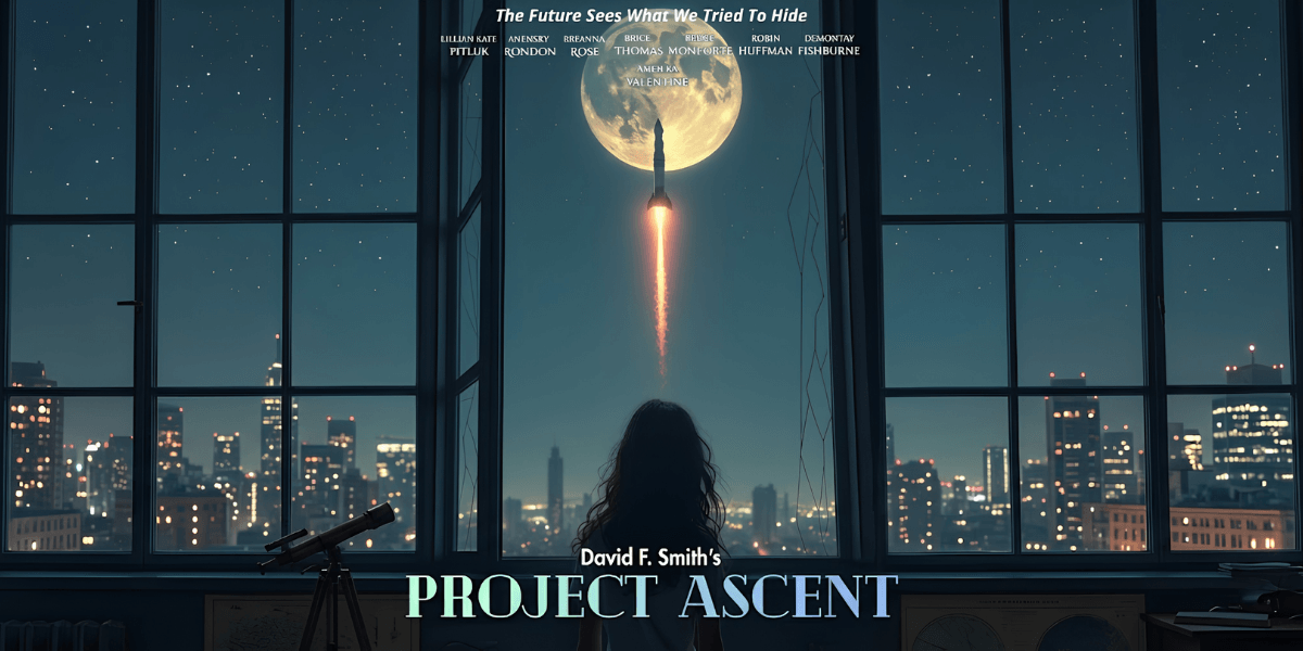 A person gazes out a large window at a rocket launching beneath a full moon.