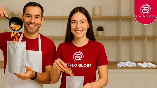 Two smiling individuals in matching shirts preparing food in a bright kitchen.