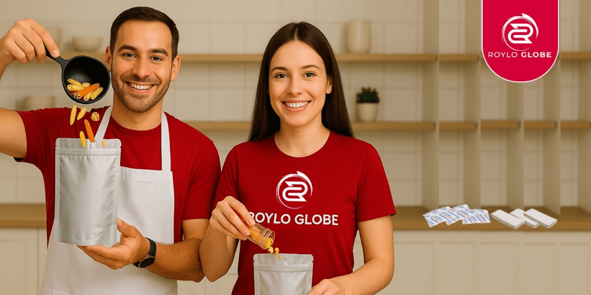 Two smiling individuals in matching shirts preparing food in a bright kitchen.