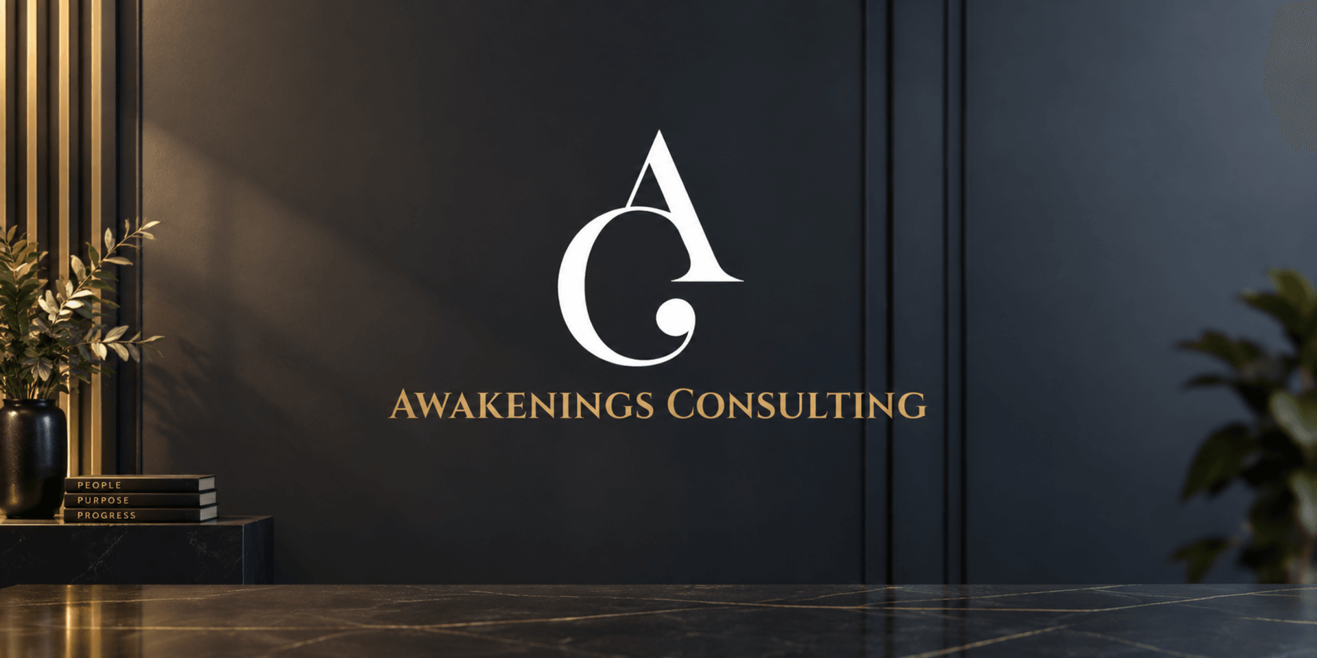 Modern office interior featuring Awakenings Consulting logo on a dark wall