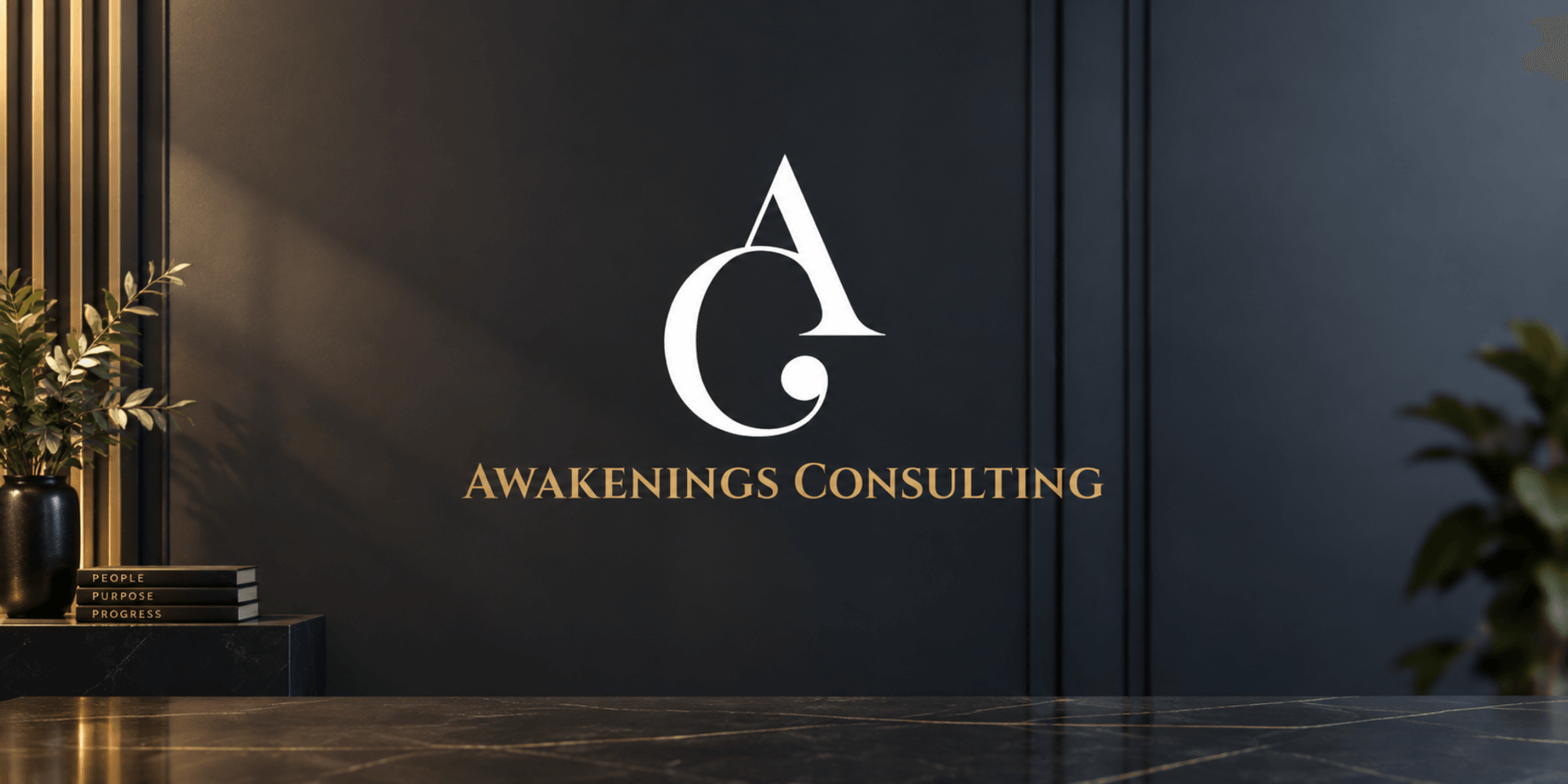 Modern office interior featuring Awakenings Consulting logo on a dark wall