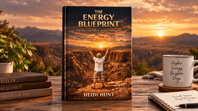 A book titled "The Energy Blueprint" surrounded by plants, a cup, and notebooks on a table
