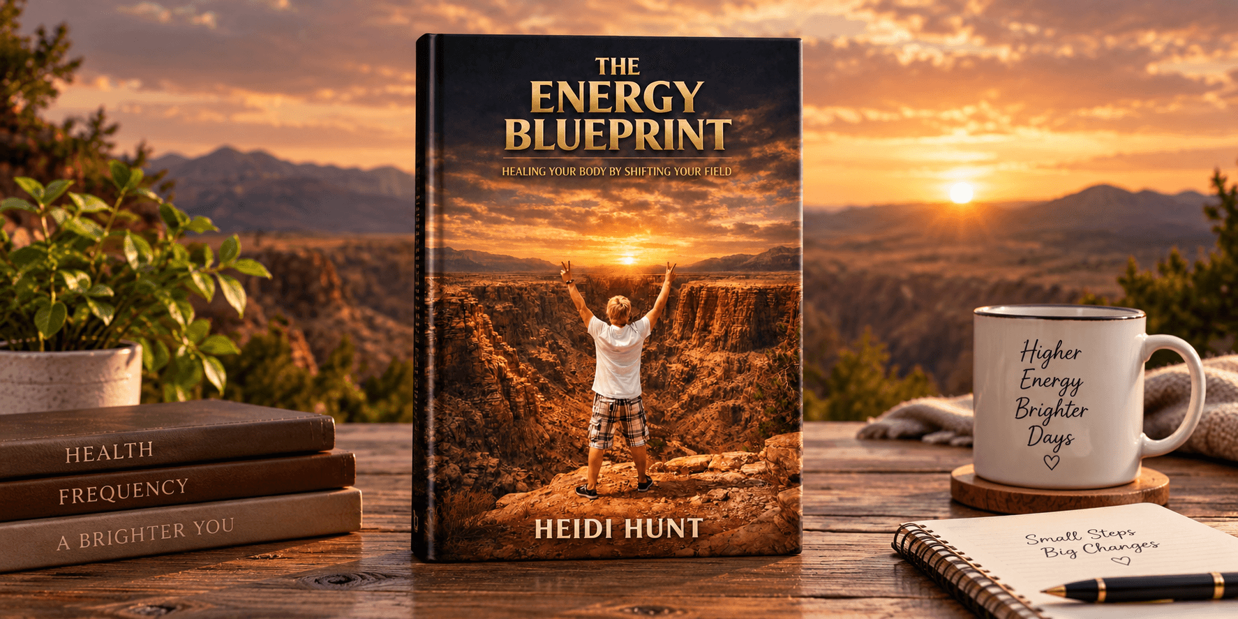 A book titled "The Energy Blueprint" surrounded by plants, a cup, and notebooks on a table