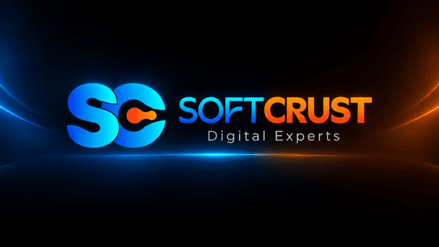 Logo of SoftCrust featuring blue and orange colors with digital elements