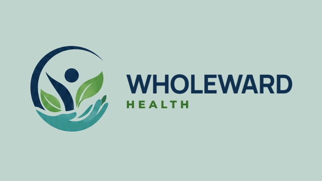Logo of Wholeward Health featuring a human figure and hands with green leaves