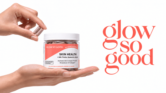 A hand holding a supplement jar labeled "Skin Health" alongside the brand name logo