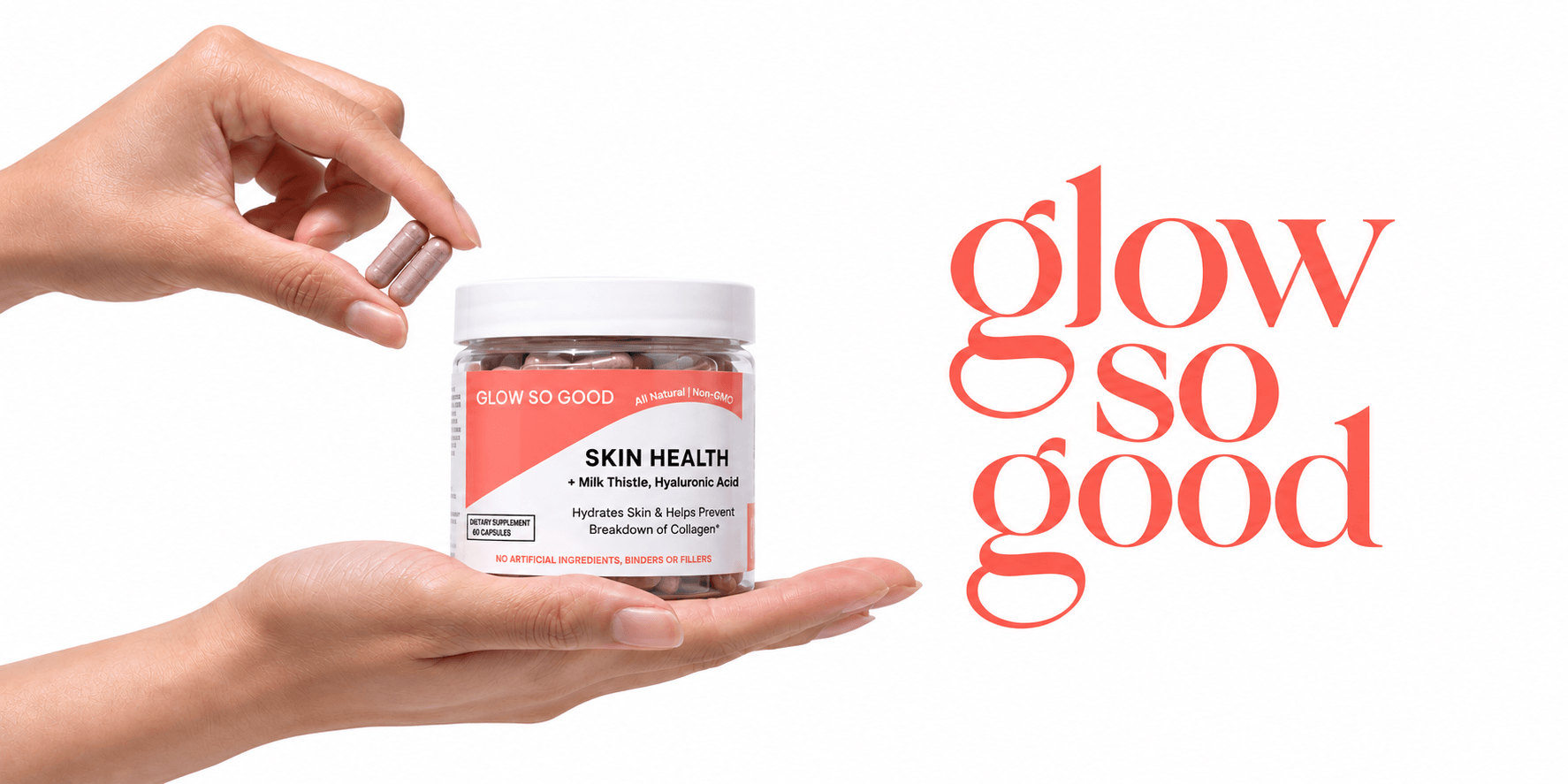 A hand holding a supplement jar labeled "Skin Health" alongside the brand name logo