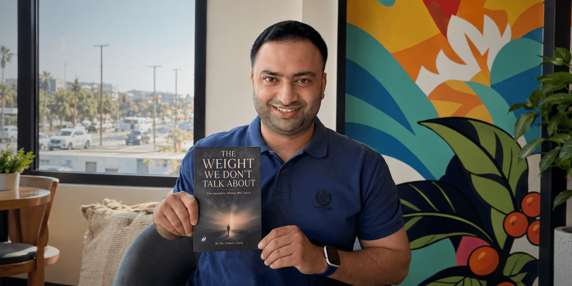 Man holding a book titled "The Weight We Don't Talk About" in a bright cafe setting