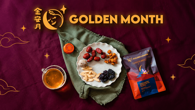 A colorful arrangement of snacks and tea on a table with a festive label