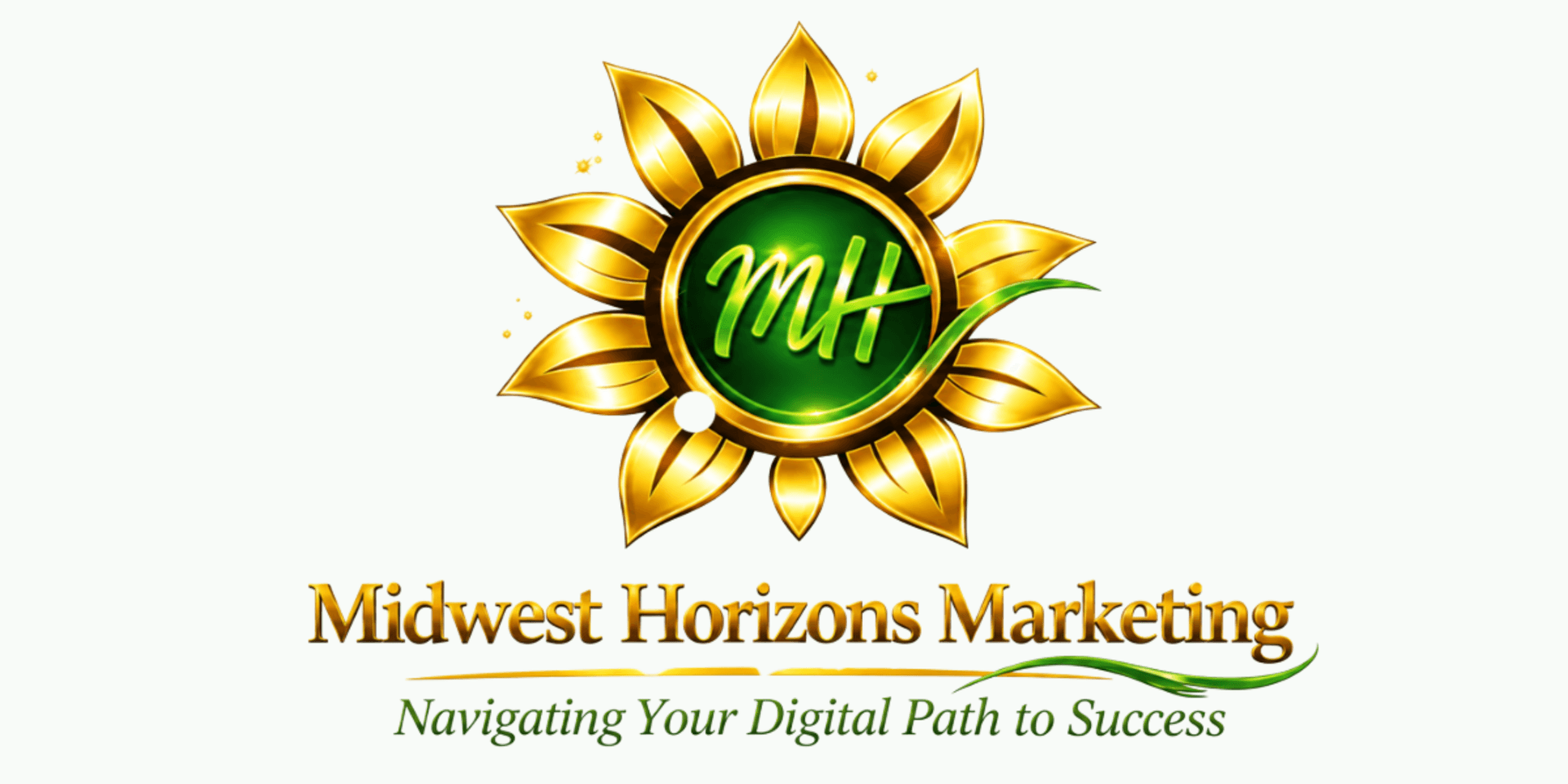 Logo for Midwest Horizons Marketing featuring a sunflower design and green lettering