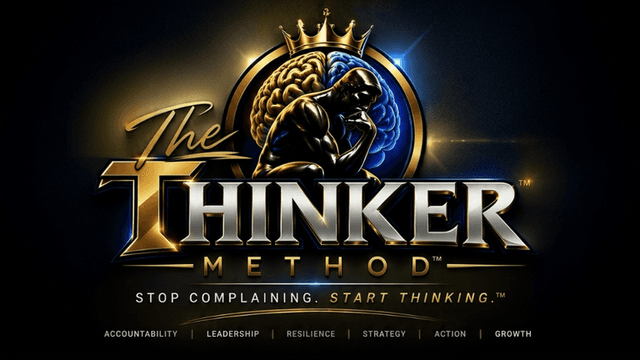 Logo for "The Thinker Method" featuring a brain and muscular figure with crown