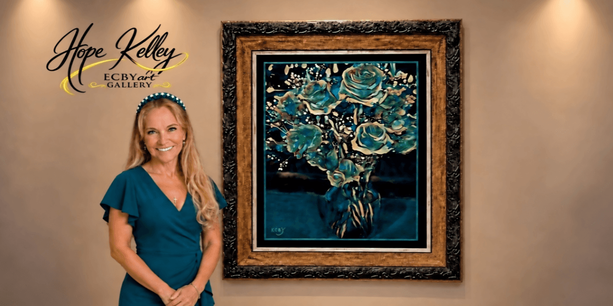 A woman stands next to a blue-toned floral painting in an art gallery setting