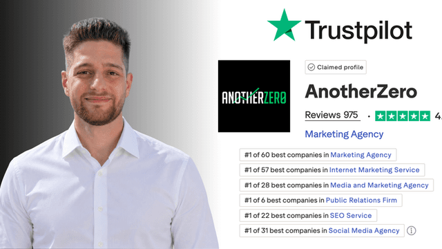 Trustpilot profile for AnotherZero, showing ratings and reviews for a marketing agency