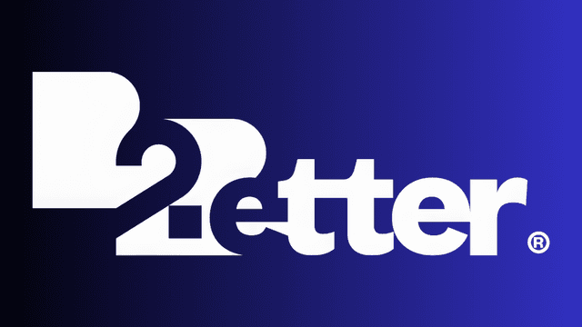 Logo featuring the word "Better" with a stylized "B2" component in white and blue