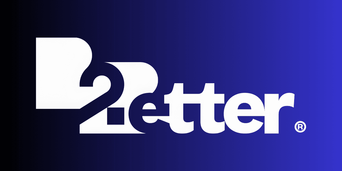 Logo featuring the word "Better" with a stylized "B2" component in white and blue