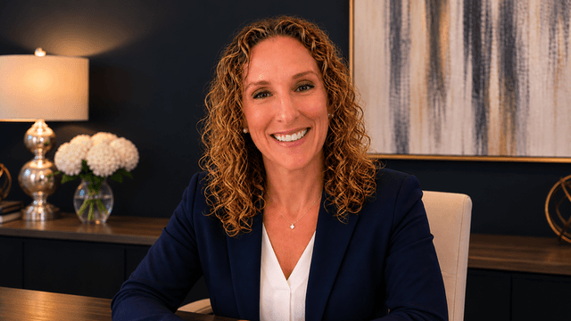 Smiling woman with curly hair in a professional setting, seated at a desk