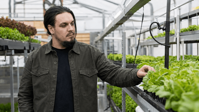 Man tending to lettuce in a greenhouse filled with plants on shelves
