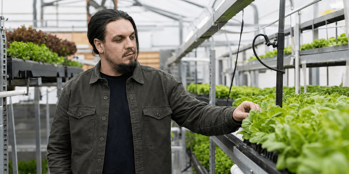 Man tending to lettuce in a greenhouse filled with plants on shelves
