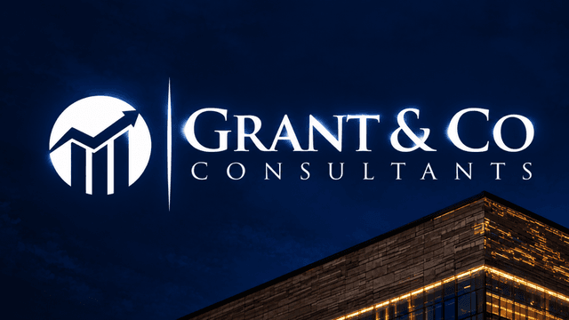 Logo of Grant & Co Consultants on a dark background with a modern building edge